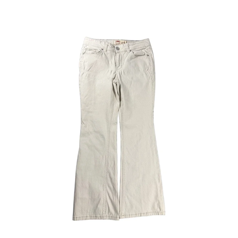 LEI Sophia Hipster Flare Pants Tan Khaki Low Rise Wide Leg Size 7 Short